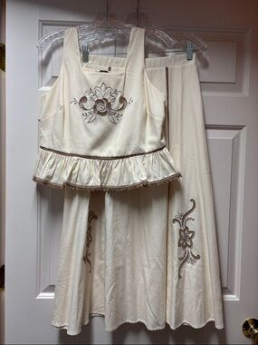 Adrianna Papell retro Cream Dress with Brown Embroidery skirt tank set MEDIUM